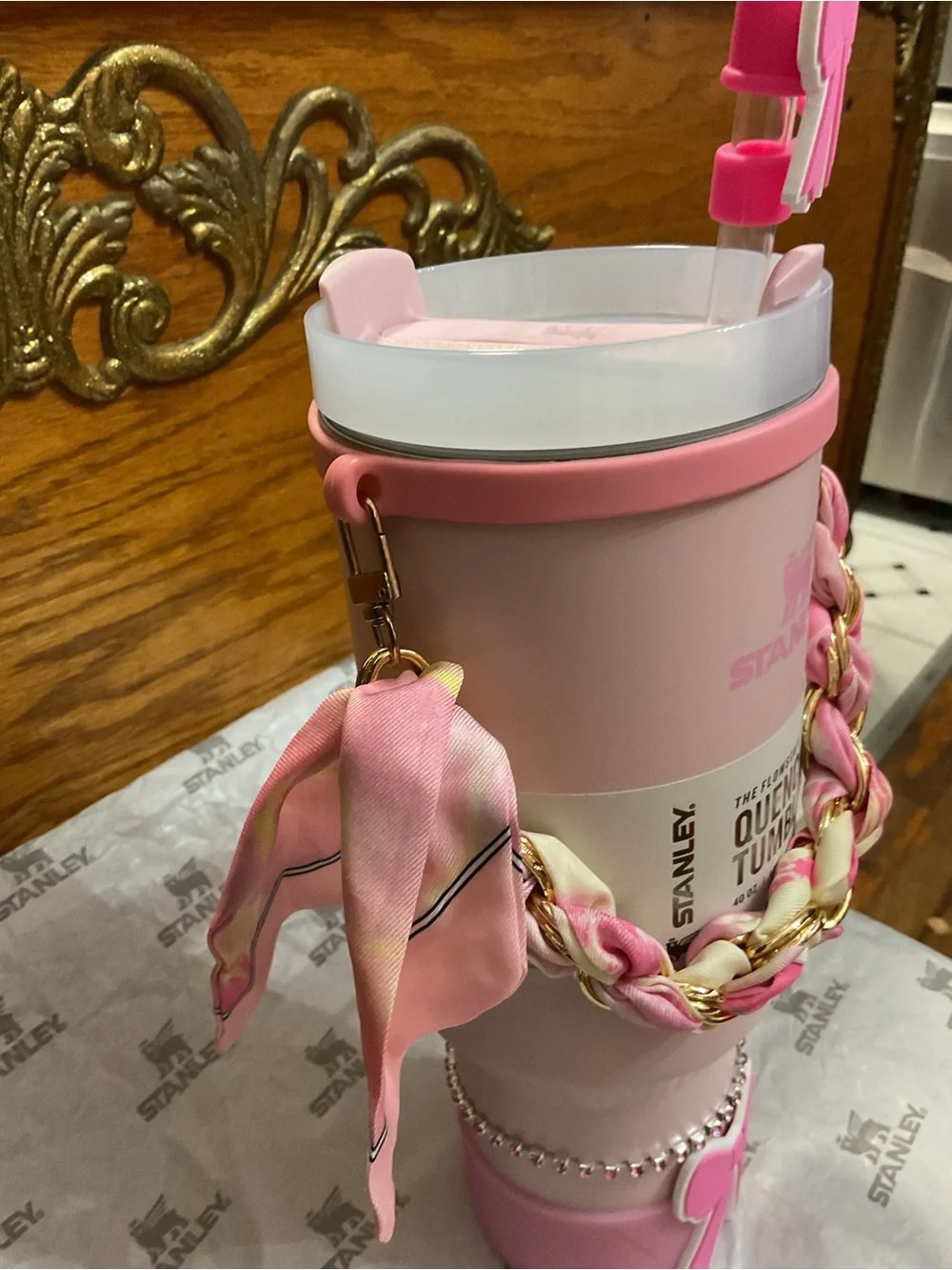 Stanley Pink Kids Quench Tumbler with Bow Charm and Braided Strap